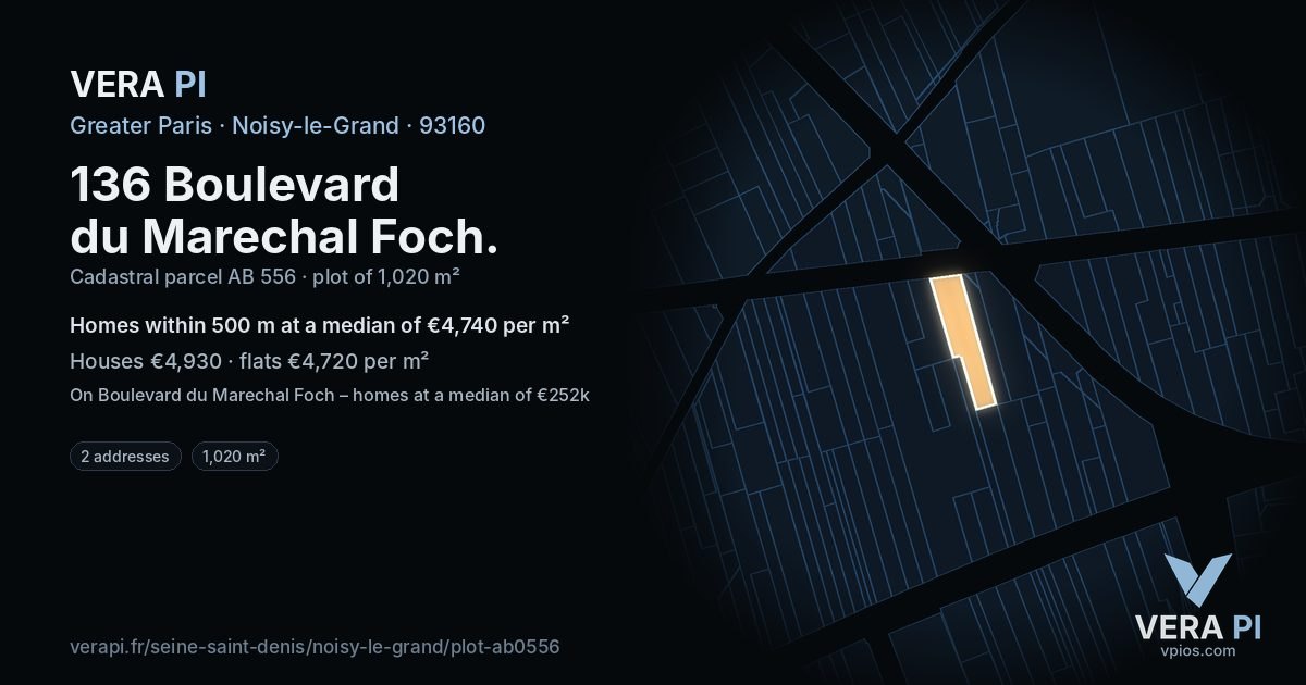 136 Boulevard du Marechal Foch, Noisy-le-Grand at night – the plot lit, the parcels around coloured by the prices near them