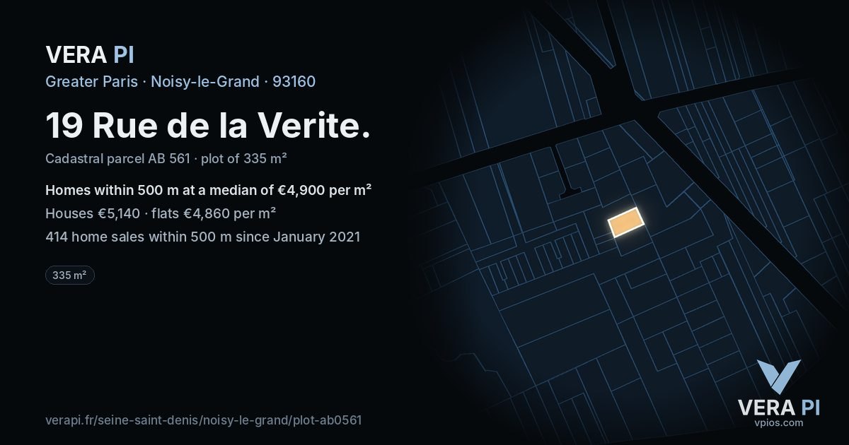 19 Rue de la Verite, Noisy-le-Grand at night – the plot lit, the parcels around coloured by the prices near them