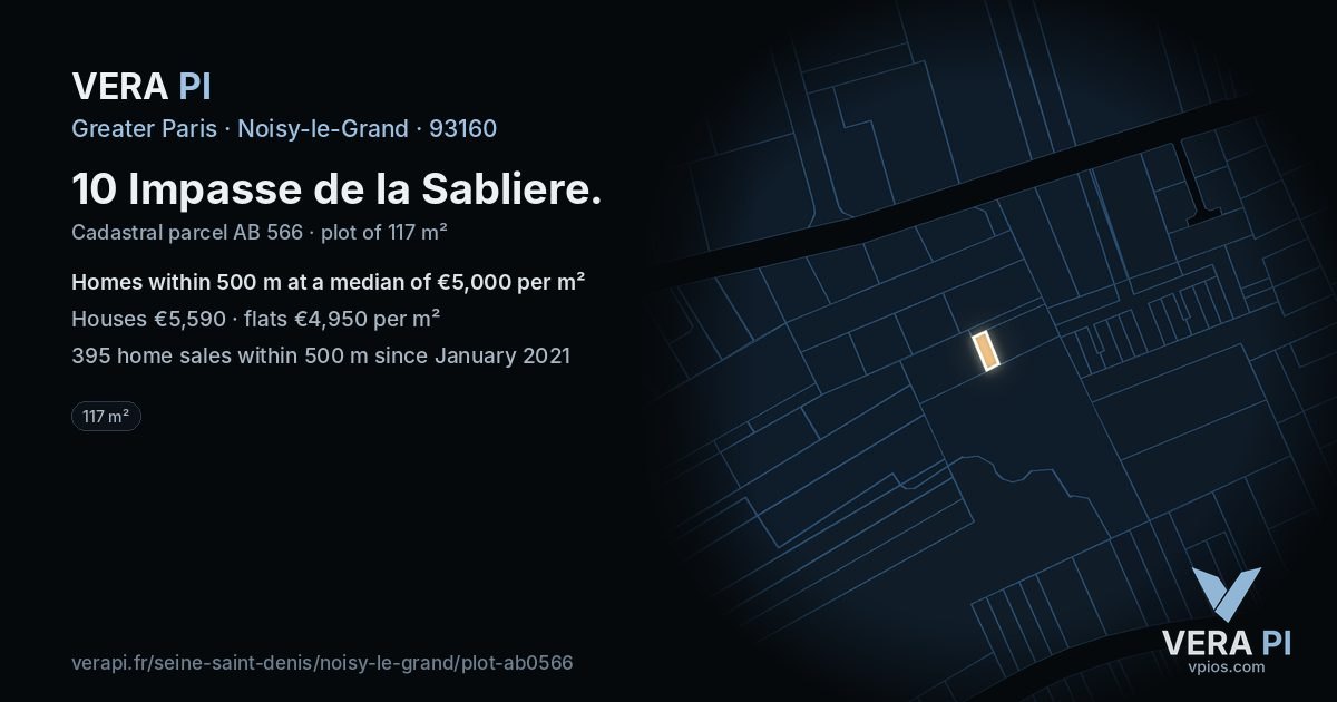 10 Impasse de la Sabliere, Noisy-le-Grand at night – the plot lit, the parcels around coloured by the prices near them