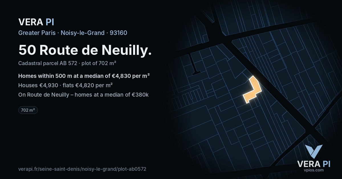 50 Route de Neuilly, Noisy-le-Grand at night – the plot lit, the parcels around coloured by the prices near them