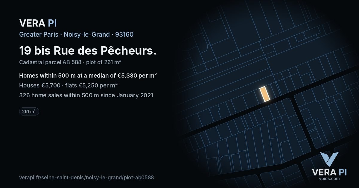 19 bis Rue des Pêcheurs, Noisy-le-Grand at night – the plot lit, the parcels around coloured by the prices near them