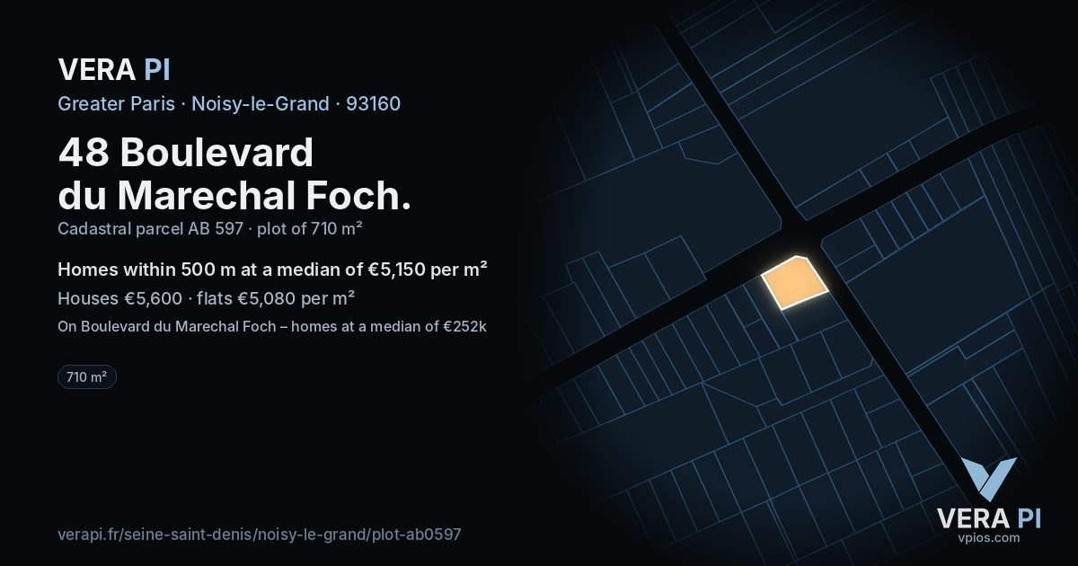 48 Boulevard du Marechal Foch, Noisy-le-Grand at night – the plot lit, the parcels around coloured by the prices near them
