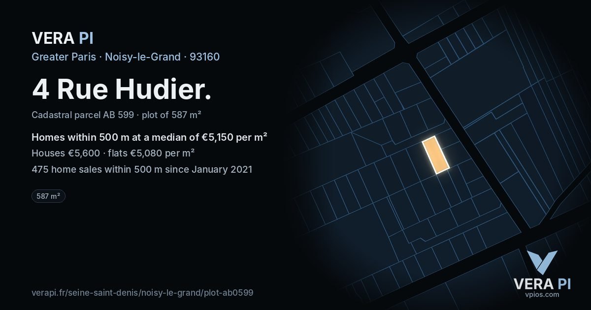 4 Rue Hudier, Noisy-le-Grand at night – the plot lit, the parcels around coloured by the prices near them