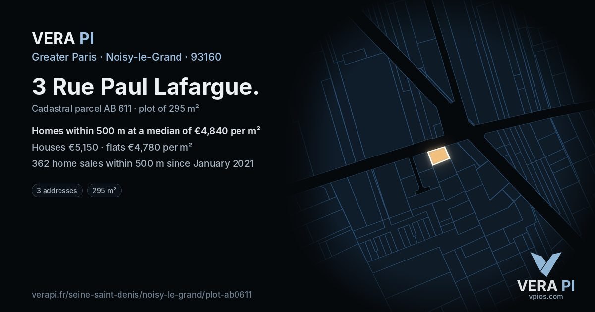 3 Rue Paul Lafargue, Noisy-le-Grand at night – the plot lit, the parcels around coloured by the prices near them