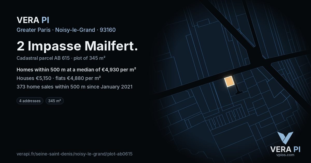 2 Impasse Mailfert, Noisy-le-Grand at night – the plot lit, the parcels around coloured by the prices near them