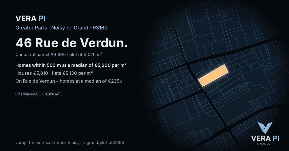 46 Rue de Verdun, Noisy-le-Grand at night – the plot lit, the parcels around coloured by the prices near them