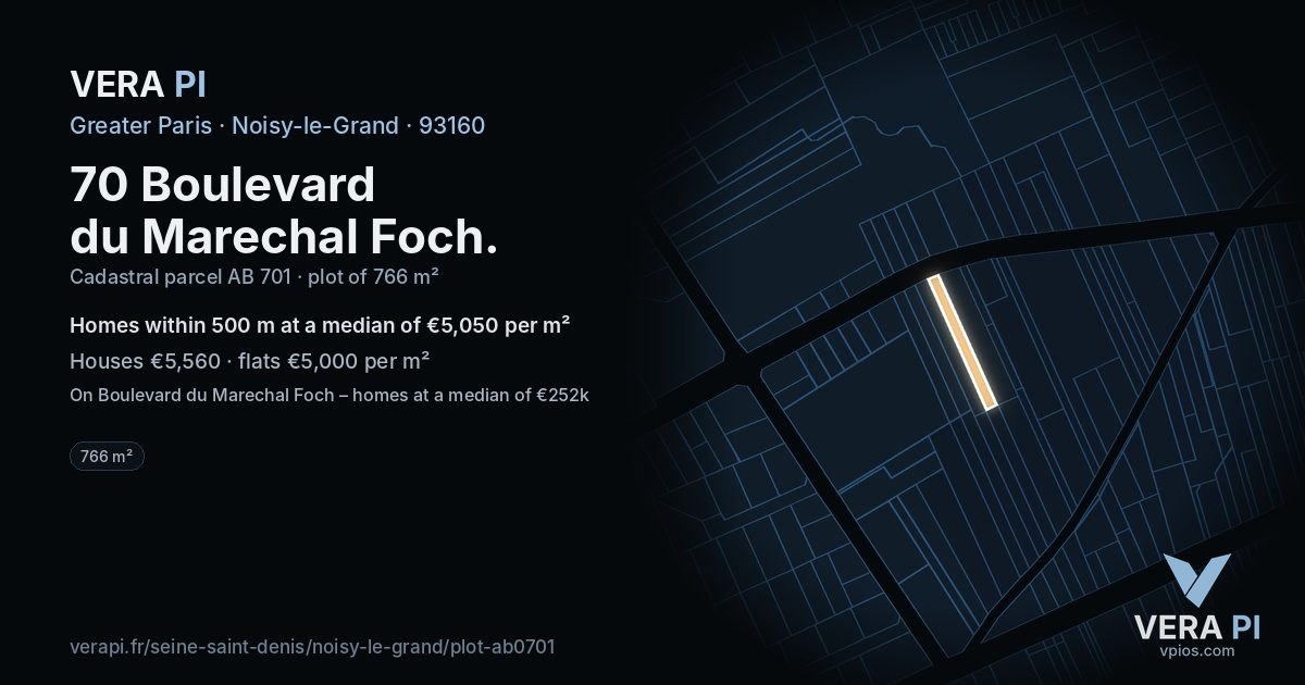 70 Boulevard du Marechal Foch, Noisy-le-Grand at night – the plot lit, the parcels around coloured by the prices near them