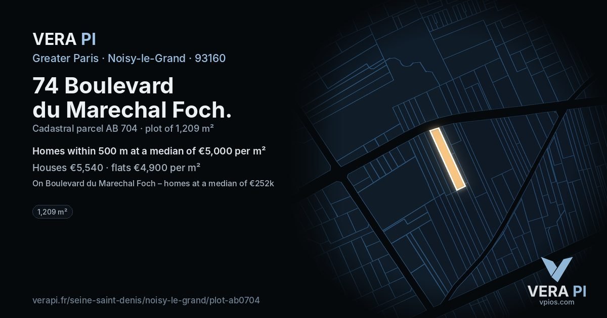 74 Boulevard du Marechal Foch, Noisy-le-Grand at night – the plot lit, the parcels around coloured by the prices near them