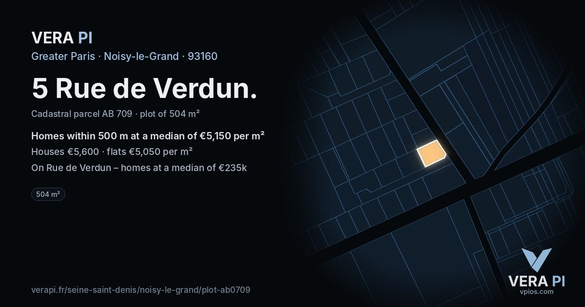 5 Rue de Verdun, Noisy-le-Grand at night – the plot lit, the parcels around coloured by the prices near them