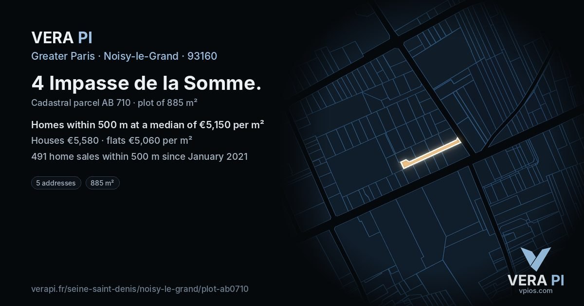 4 Impasse de la Somme, Noisy-le-Grand at night – the plot lit, the parcels around coloured by the prices near them