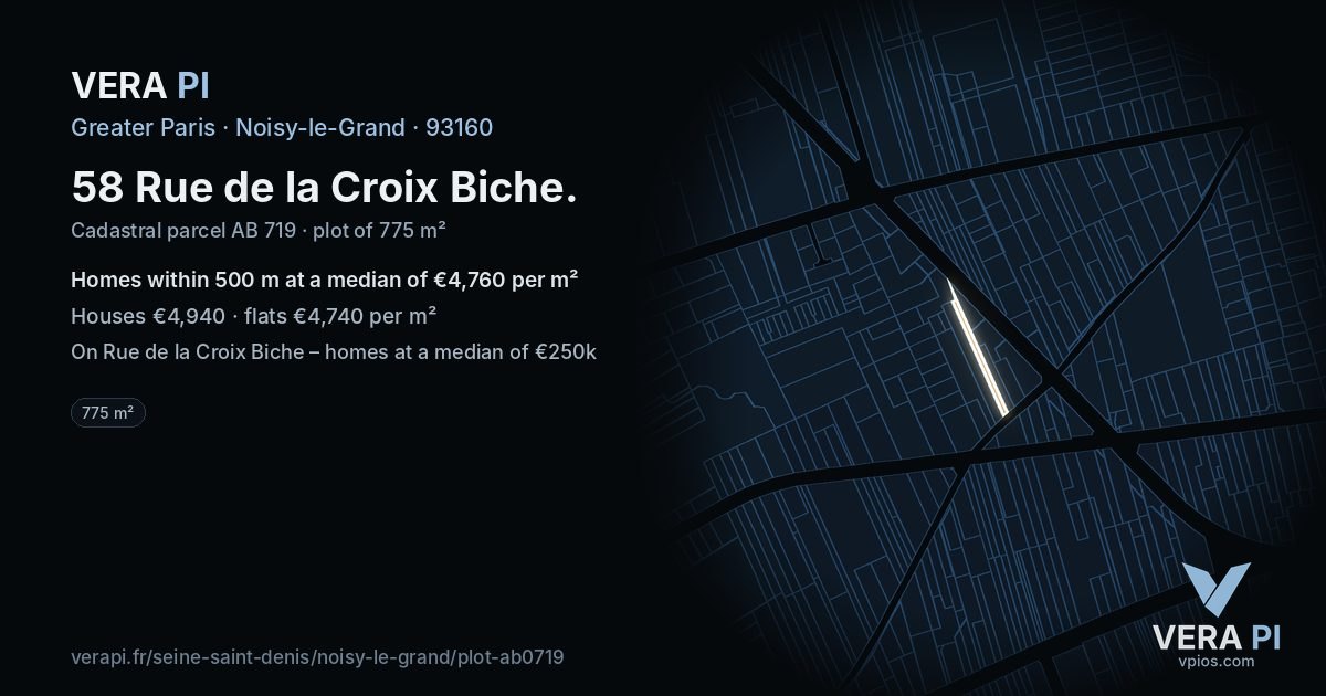 58 Rue de la Croix Biche, Noisy-le-Grand at night – the plot lit, the parcels around coloured by the prices near them
