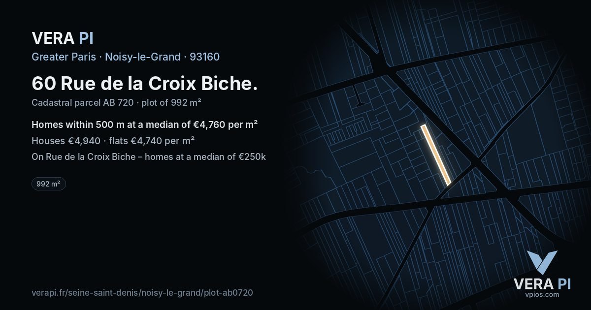 60 Rue de la Croix Biche, Noisy-le-Grand at night – the plot lit, the parcels around coloured by the prices near them