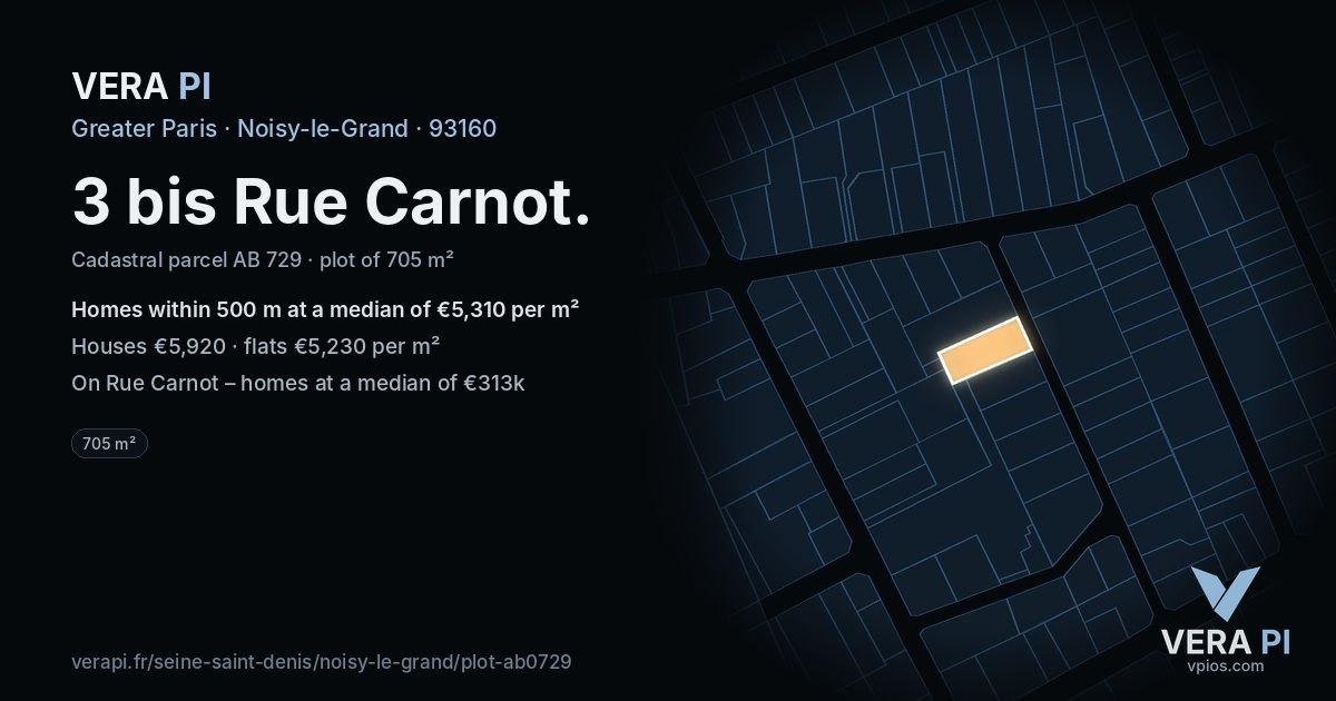 3 bis Rue Carnot, Noisy-le-Grand at night – the plot lit, the parcels around coloured by the prices near them