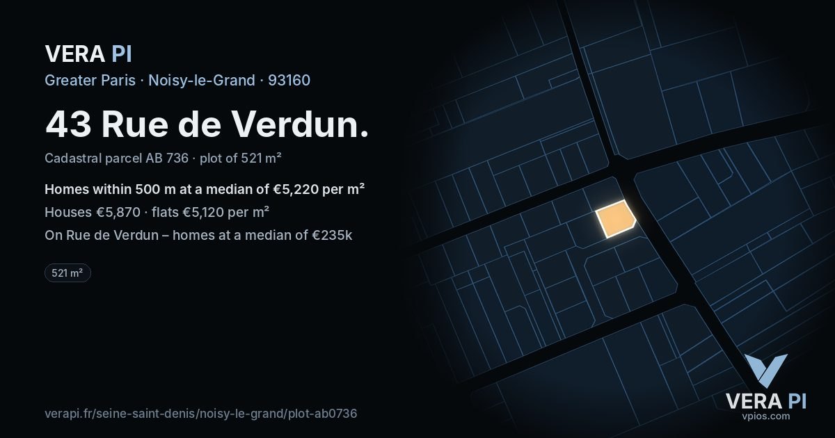 43 Rue de Verdun, Noisy-le-Grand at night – the plot lit, the parcels around coloured by the prices near them