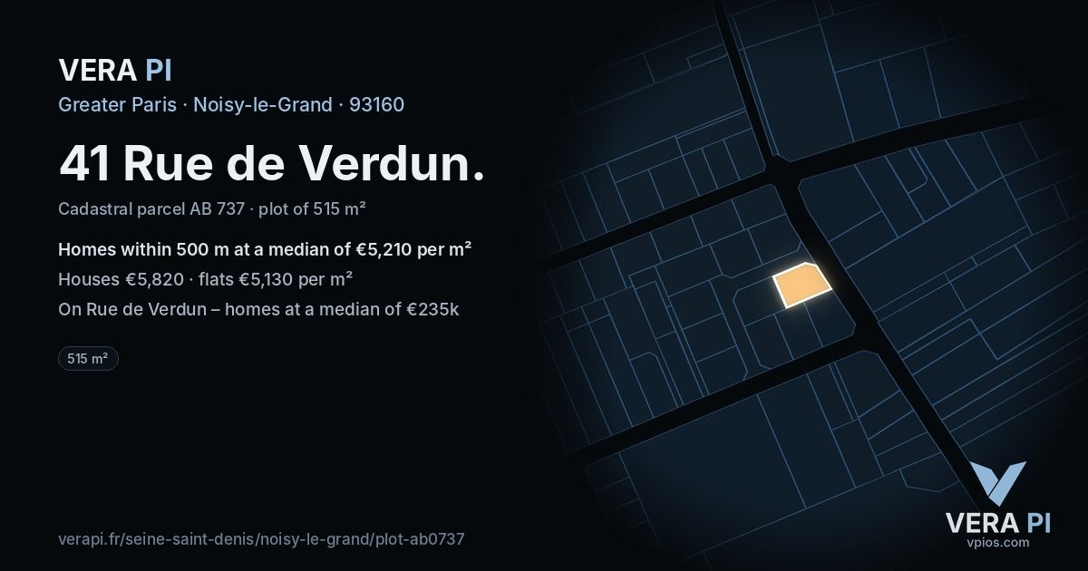 41 Rue de Verdun, Noisy-le-Grand at night – the plot lit, the parcels around coloured by the prices near them