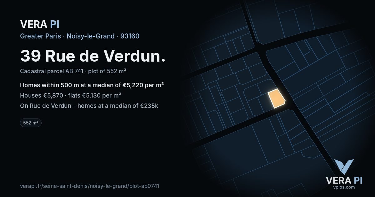 39 Rue de Verdun, Noisy-le-Grand at night – the plot lit, the parcels around coloured by the prices near them