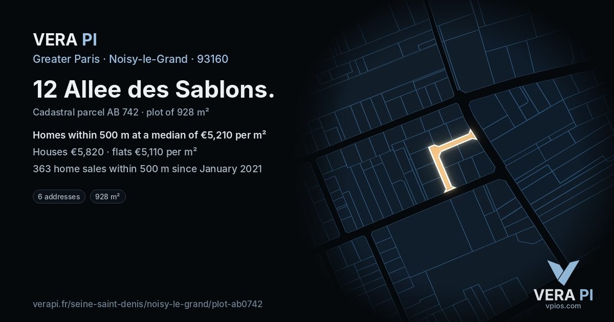 12 Allee des Sablons, Noisy-le-Grand at night – the plot lit, the parcels around coloured by the prices near them