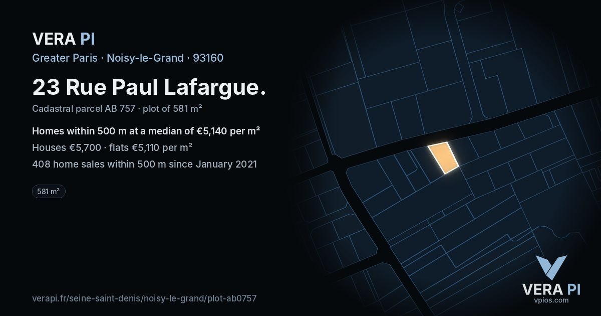 23 Rue Paul Lafargue, Noisy-le-Grand at night – the plot lit, the parcels around coloured by the prices near them