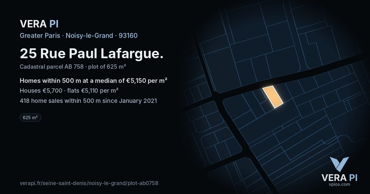 25 Rue Paul Lafargue, Noisy-le-Grand at night – the plot lit, the parcels around coloured by the prices near them