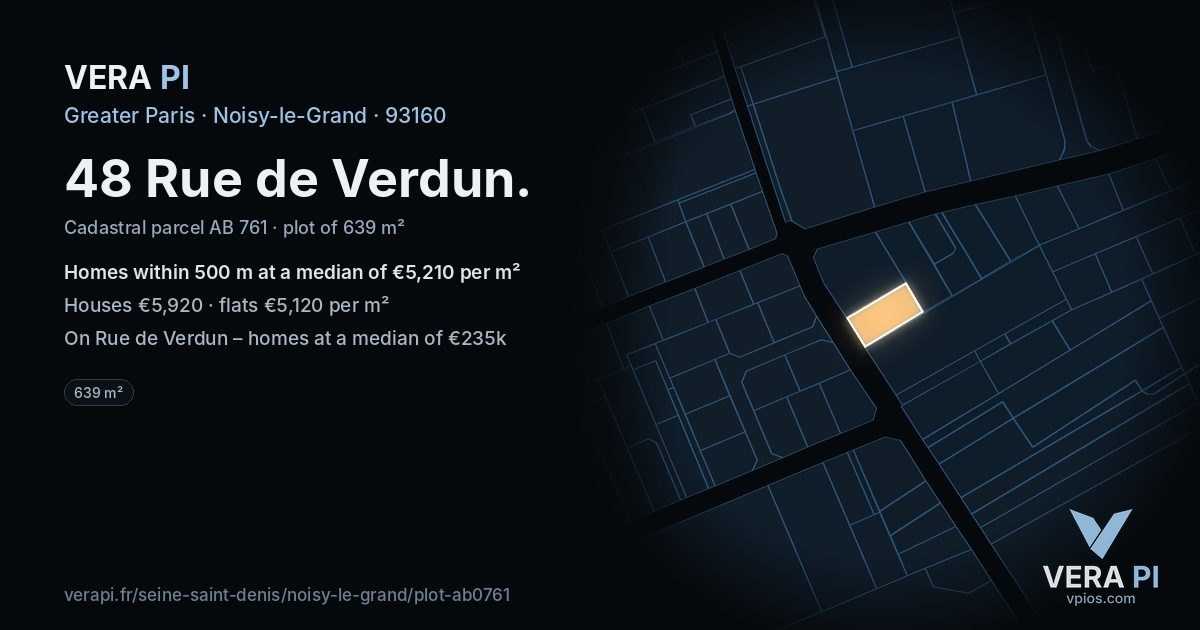 48 Rue de Verdun, Noisy-le-Grand at night – the plot lit, the parcels around coloured by the prices near them