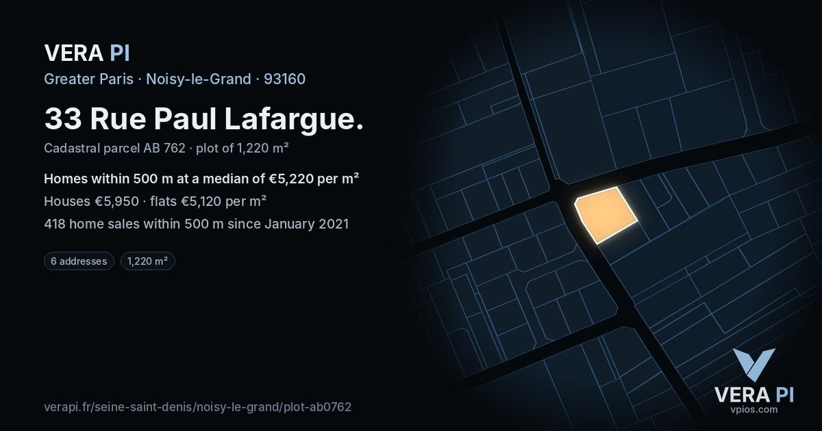 33 Rue Paul Lafargue, Noisy-le-Grand at night – the plot lit, the parcels around coloured by the prices near them
