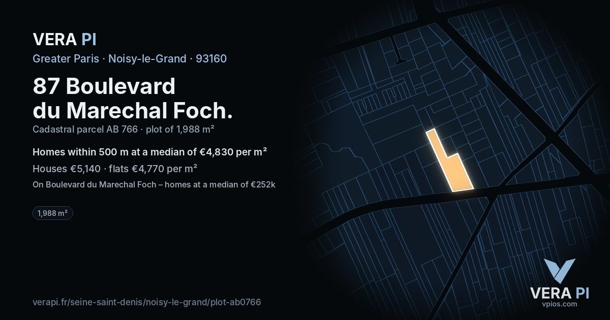 87 Boulevard du Marechal Foch, Noisy-le-Grand at night – the plot lit, the parcels around coloured by the prices near them
