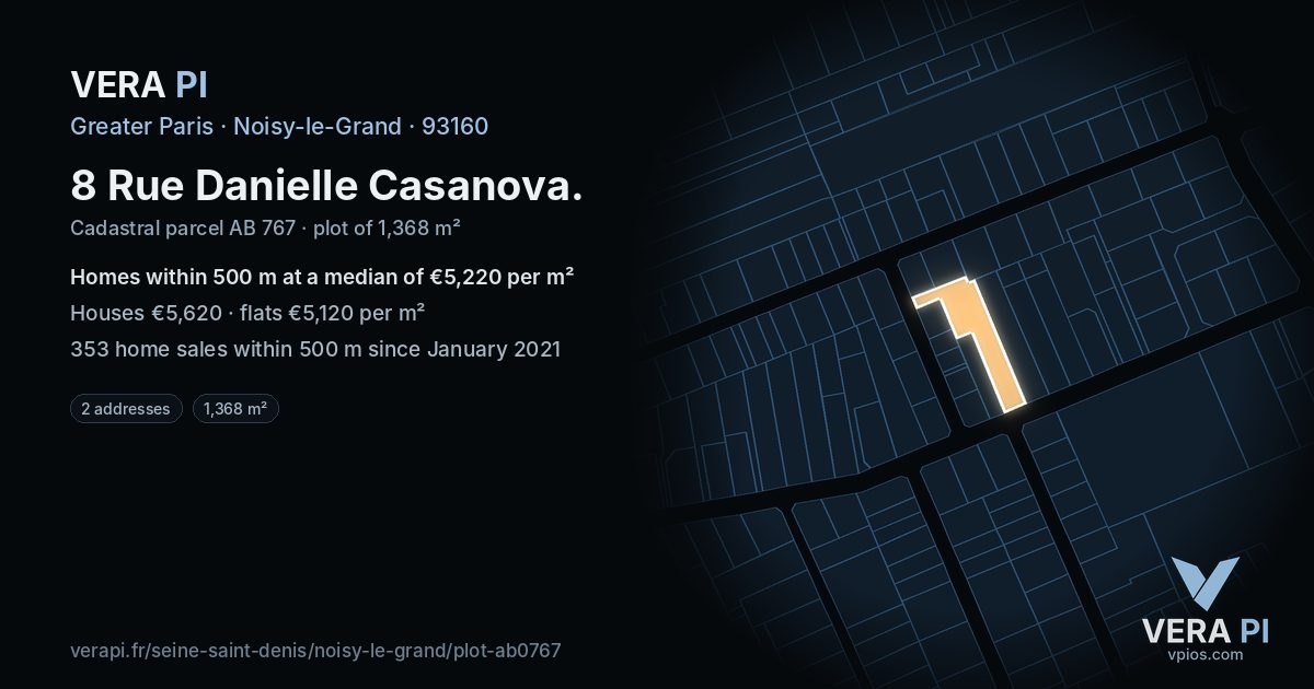 8 Rue Danielle Casanova, Noisy-le-Grand at night – the plot lit, the parcels around coloured by the prices near them