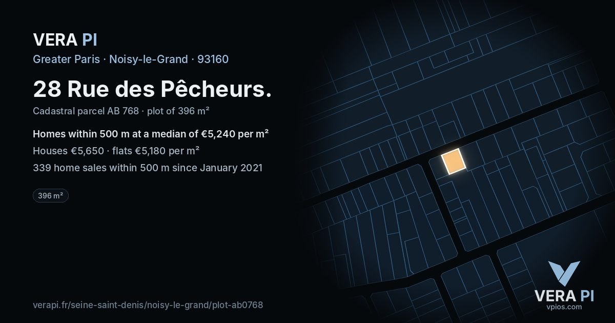 28 Rue des Pêcheurs, Noisy-le-Grand at night – the plot lit, the parcels around coloured by the prices near them