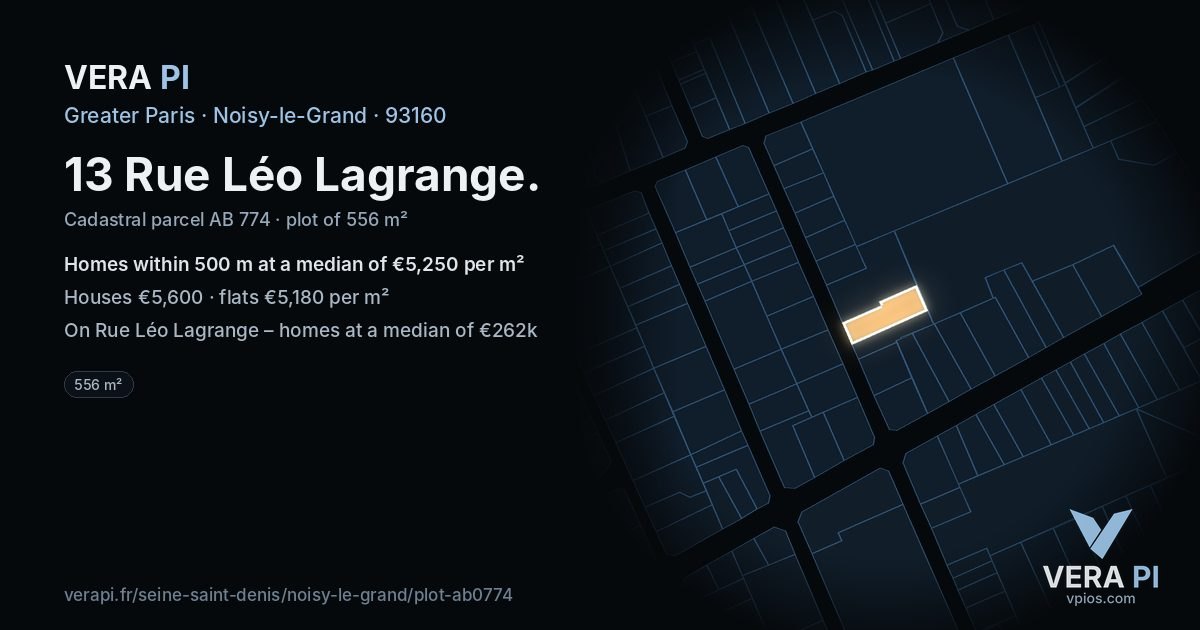 13 Rue Léo Lagrange, Noisy-le-Grand at night – the plot lit, the parcels around coloured by the prices near them