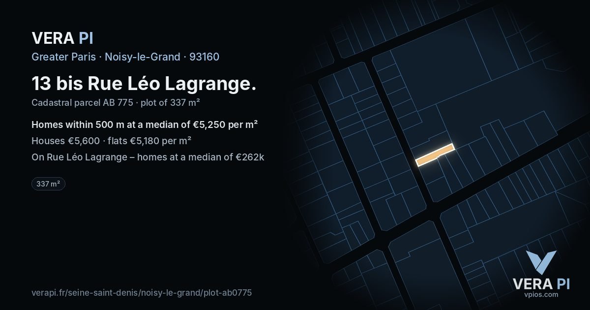 13 bis Rue Léo Lagrange, Noisy-le-Grand at night – the plot lit, the parcels around coloured by the prices near them