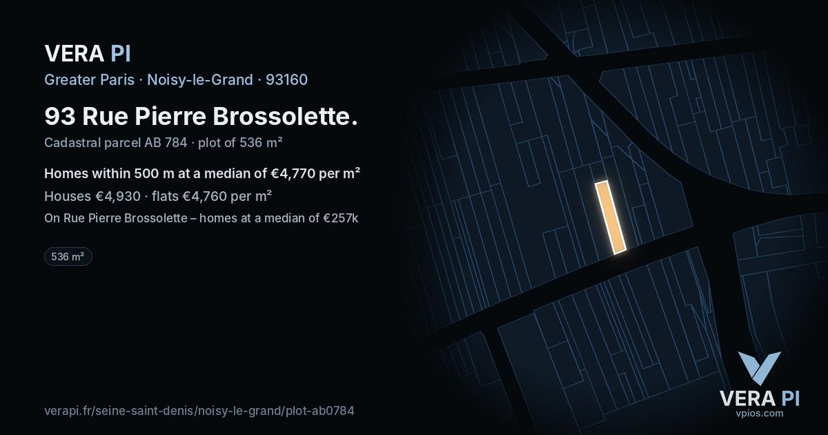 93 Rue Pierre Brossolette, Noisy-le-Grand at night – the plot lit, the parcels around coloured by the prices near them