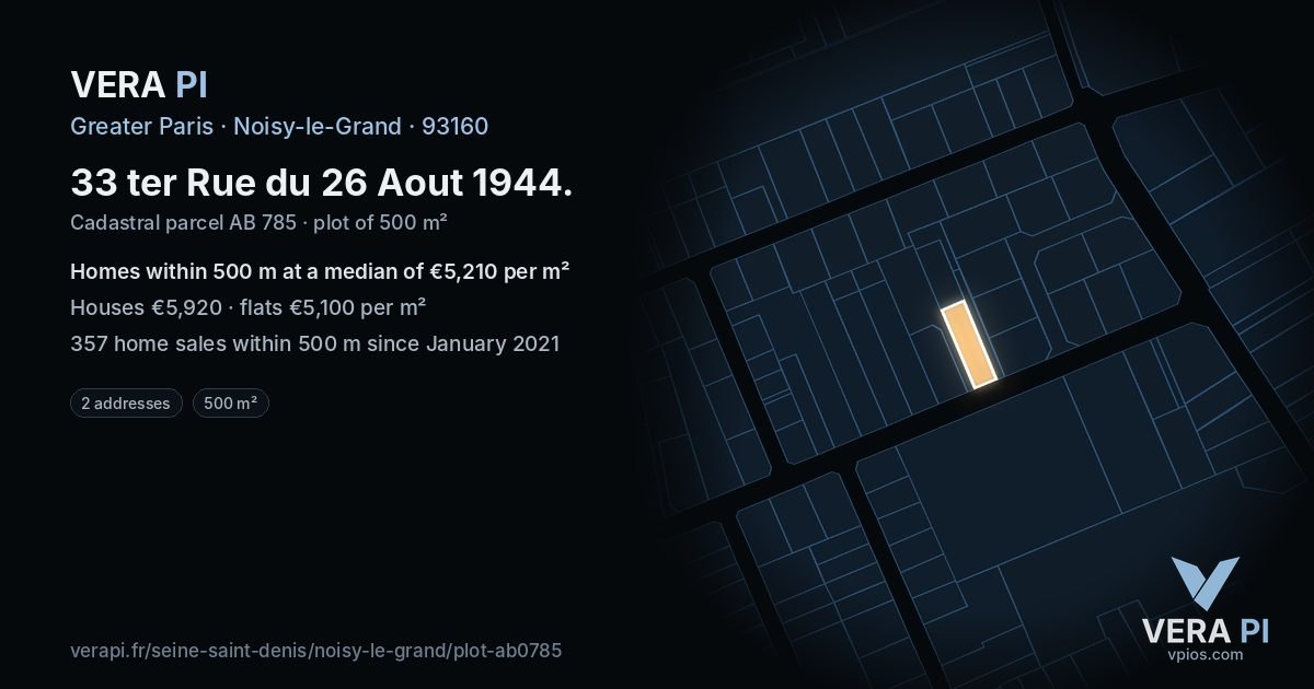 33 ter Rue du 26 Aout 1944, Noisy-le-Grand at night – the plot lit, the parcels around coloured by the prices near them