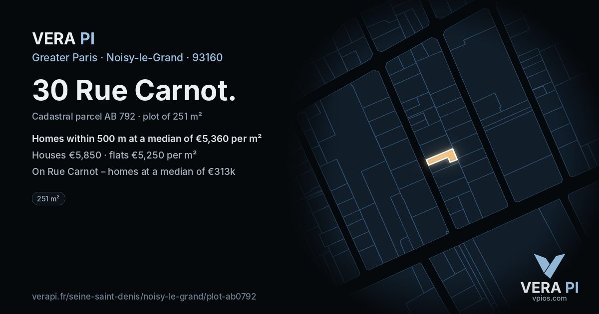 30 Rue Carnot, Noisy-le-Grand at night – the plot lit, the parcels around coloured by the prices near them
