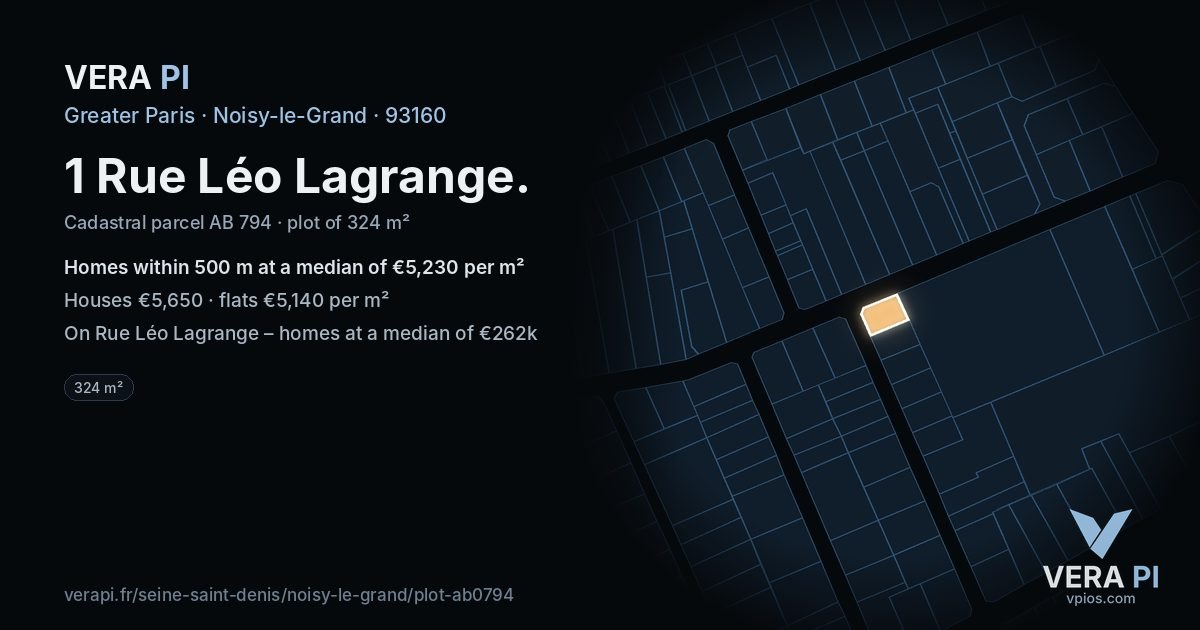 1 Rue Léo Lagrange, Noisy-le-Grand at night – the plot lit, the parcels around coloured by the prices near them