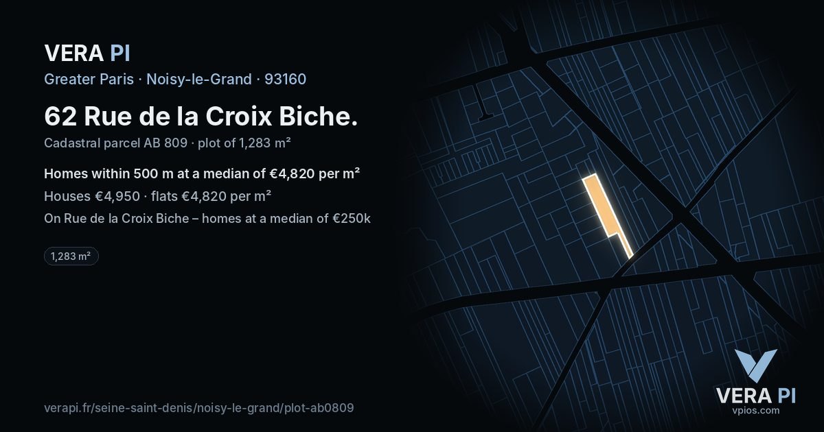 62 Rue de la Croix Biche, Noisy-le-Grand at night – the plot lit, the parcels around coloured by the prices near them