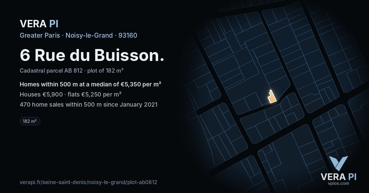 6 Rue du Buisson, Noisy-le-Grand at night – the plot lit, the parcels around coloured by the prices near them