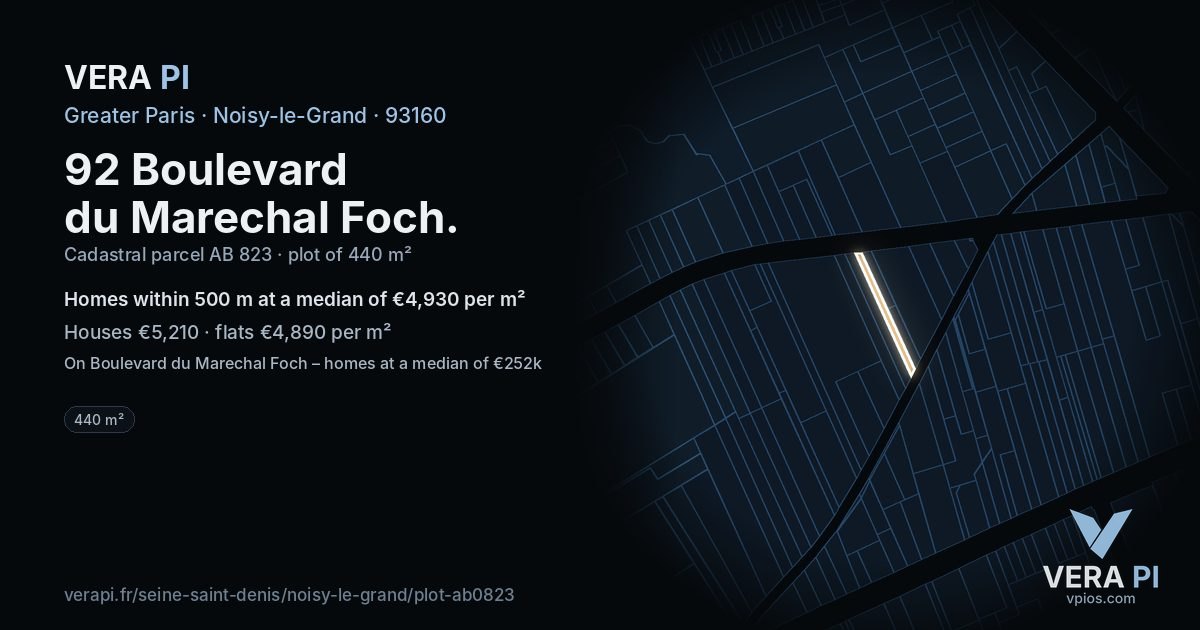 92 Boulevard du Marechal Foch, Noisy-le-Grand at night – the plot lit, the parcels around coloured by the prices near them