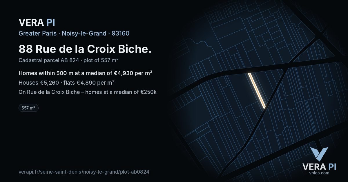 88 Rue de la Croix Biche, Noisy-le-Grand at night – the plot lit, the parcels around coloured by the prices near them