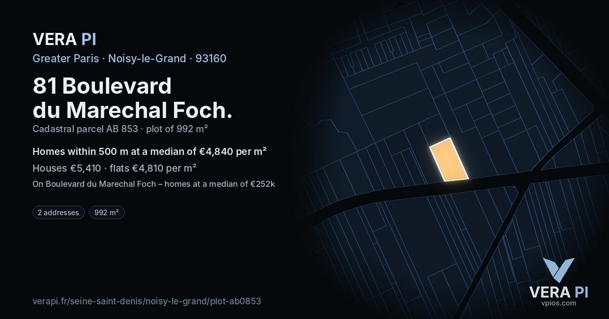 81 Boulevard du Marechal Foch, Noisy-le-Grand at night – the plot lit, the parcels around coloured by the prices near them