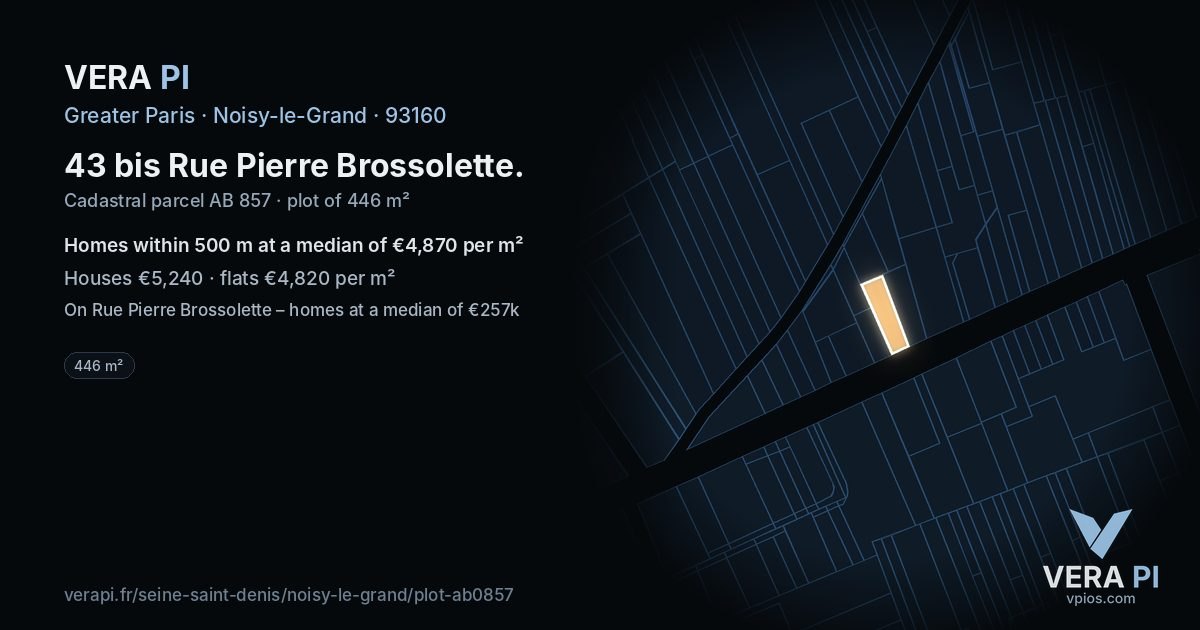 43 bis Rue Pierre Brossolette, Noisy-le-Grand at night – the plot lit, the parcels around coloured by the prices near them