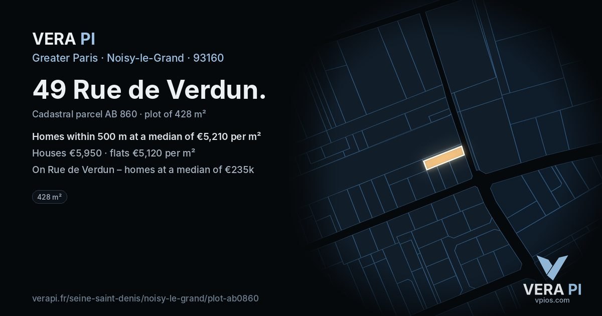 49 Rue de Verdun, Noisy-le-Grand at night – the plot lit, the parcels around coloured by the prices near them
