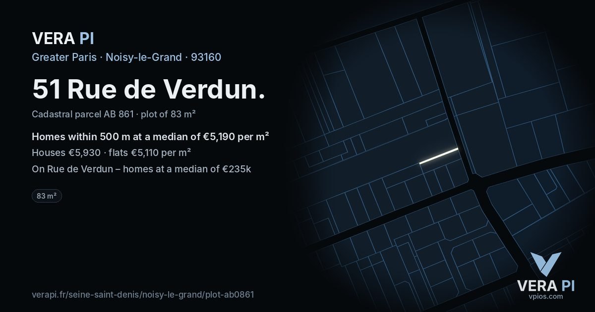 51 Rue de Verdun, Noisy-le-Grand at night – the plot lit, the parcels around coloured by the prices near them