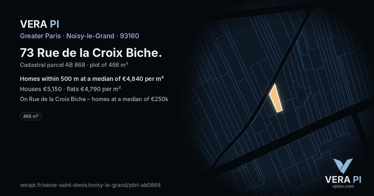 73 Rue de la Croix Biche, Noisy-le-Grand at night – the plot lit, the parcels around coloured by the prices near them
