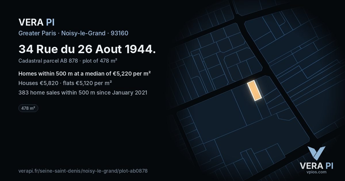34 Rue du 26 Aout 1944, Noisy-le-Grand at night – the plot lit, the parcels around coloured by the prices near them
