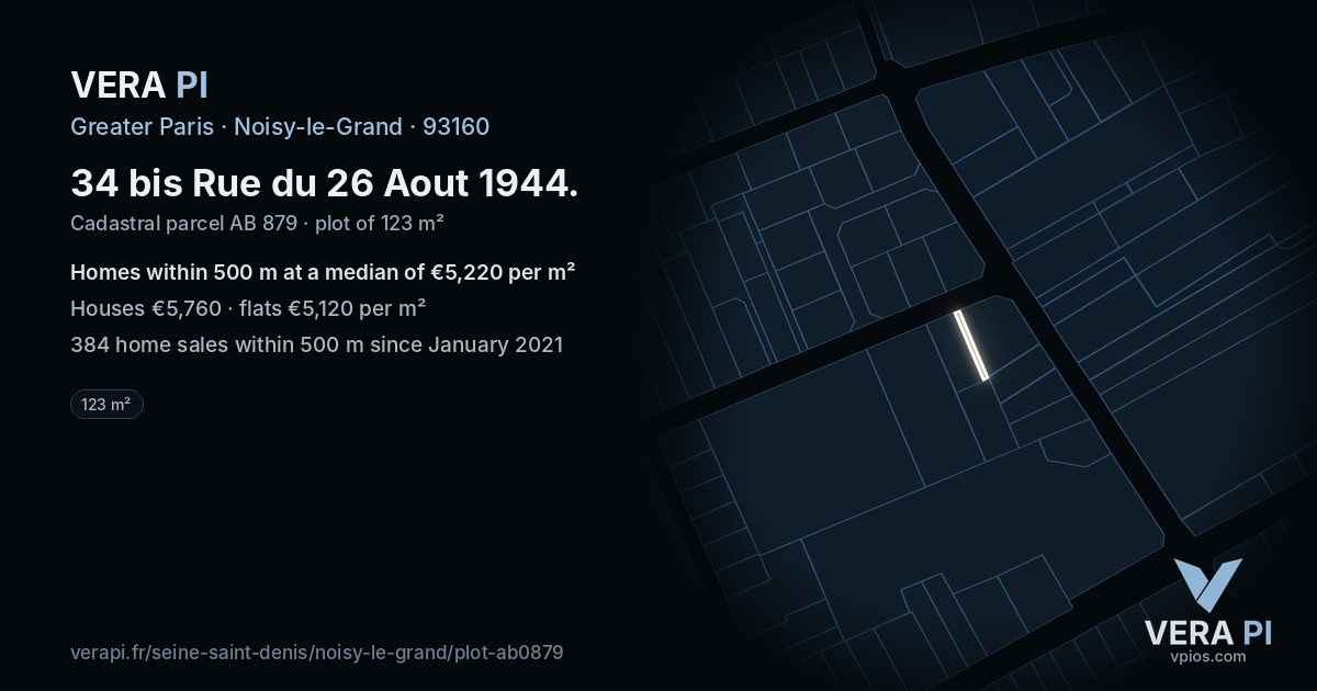 34 bis Rue du 26 Aout 1944, Noisy-le-Grand at night – the plot lit, the parcels around coloured by the prices near them