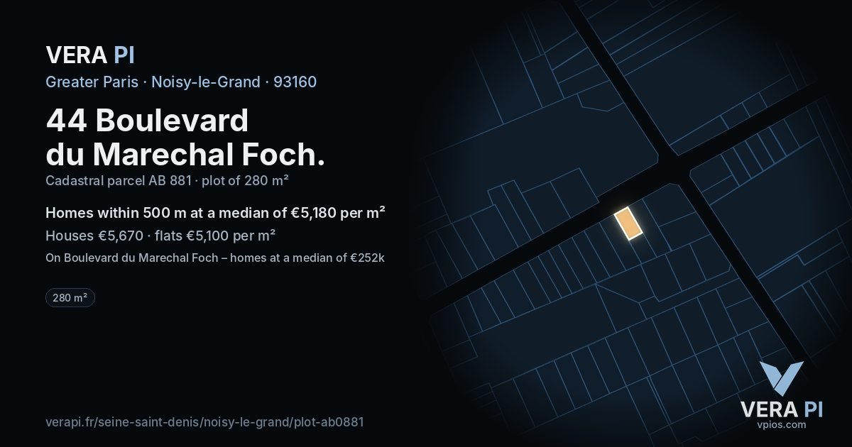 44 Boulevard du Marechal Foch, Noisy-le-Grand at night – the plot lit, the parcels around coloured by the prices near them