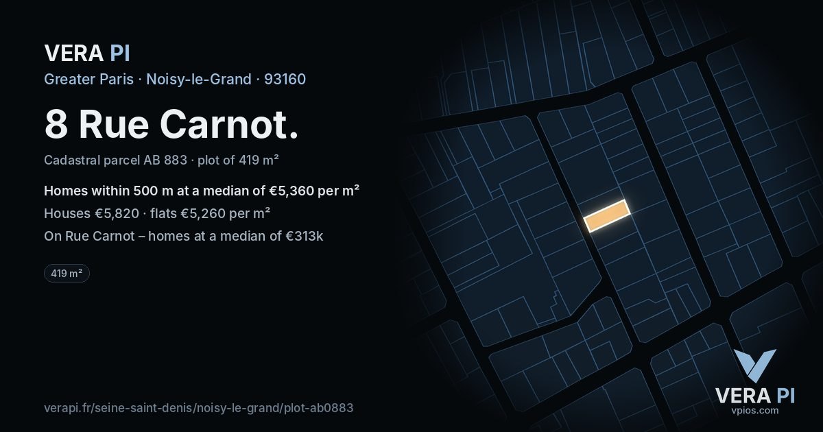 8 Rue Carnot, Noisy-le-Grand at night – the plot lit, the parcels around coloured by the prices near them