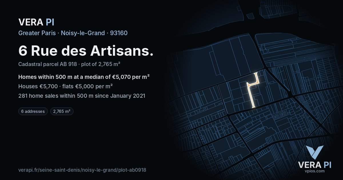 6 Rue des Artisans, Noisy-le-Grand at night – the plot lit, the parcels around coloured by the prices near them