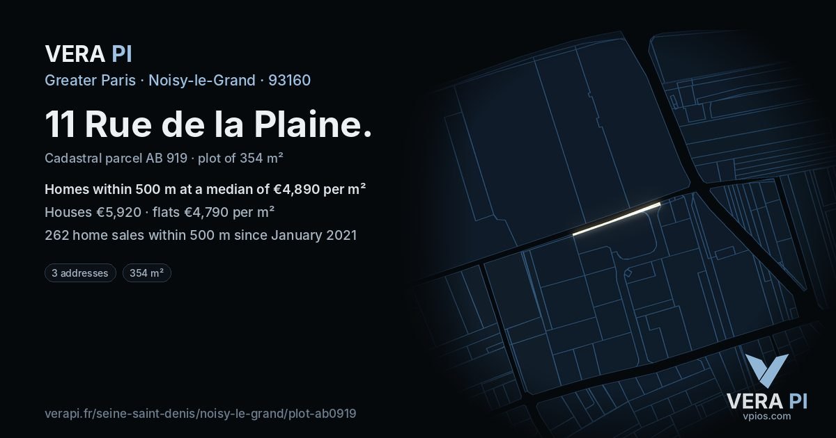 11 Rue de la Plaine, Noisy-le-Grand at night – the plot lit, the parcels around coloured by the prices near them