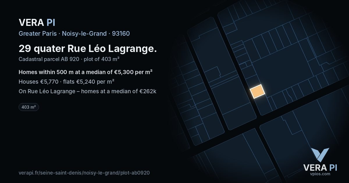 29 quater Rue Léo Lagrange, Noisy-le-Grand at night – the plot lit, the parcels around coloured by the prices near them